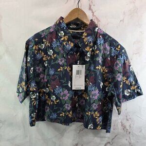 Wildfang Shirt Womens Large Floral Button Up Boxy Cropped Wildflower Navy